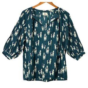 Le Petit Lucas Du Tertre Top Artsy Llama Print V-Neck Tassels Cotton Size L?